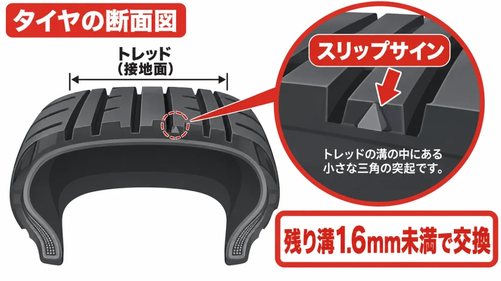 タイヤの溝の深さとスリップサイン、交換の目安を示す図解
