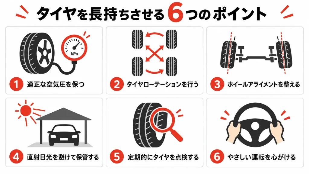 タイヤを長持ちさせる6つのポイントの図解