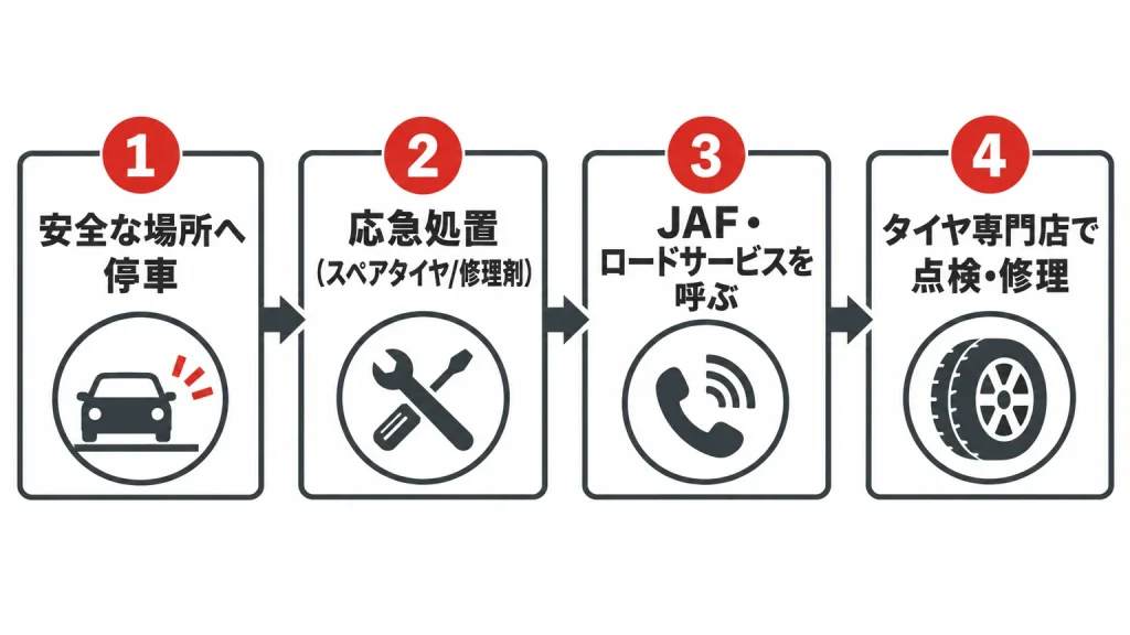 タイヤパンク発見から安全な場所への停車、応急処置、JAF・ロードサービスの手配、タイヤ専門店での点検・修理までの4ステップを示すフロー図