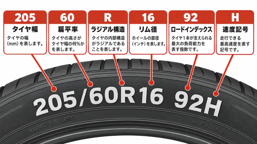 タイヤサイズの表記例205/60R16の読み方の図解