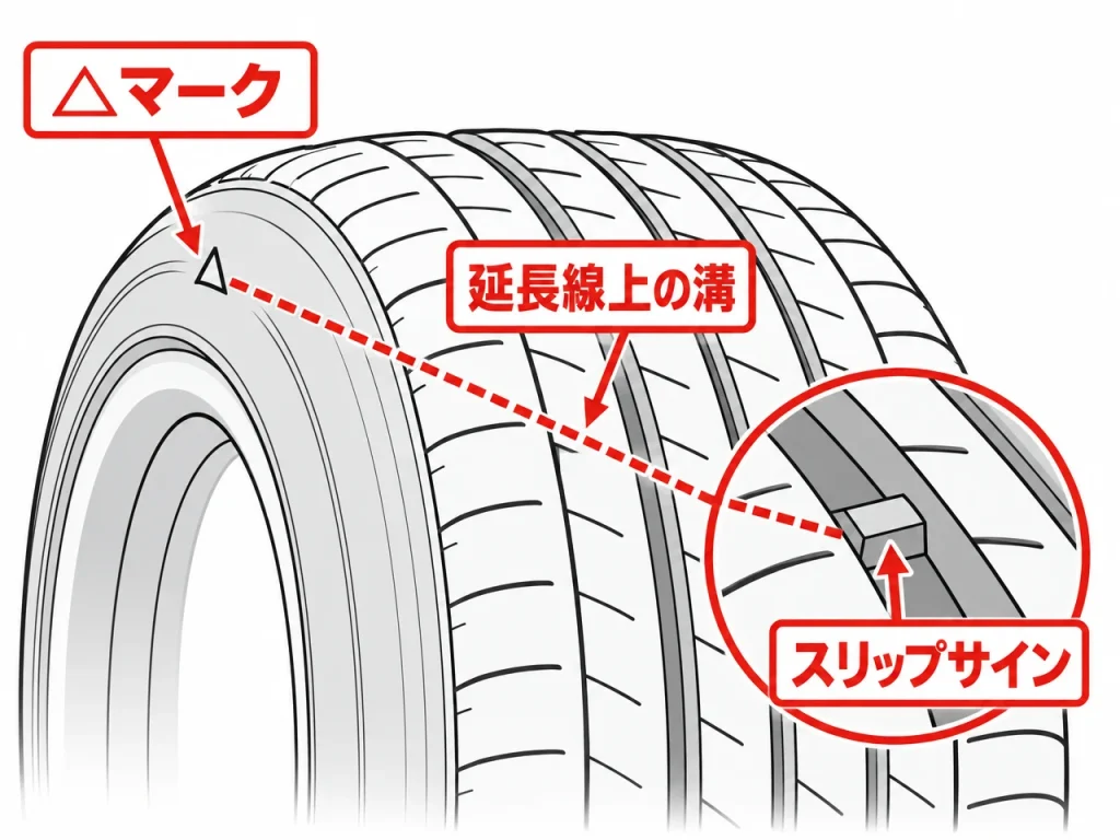 タイヤの△マークから延長線上の溝にあるスリップサインの位置を示す図解