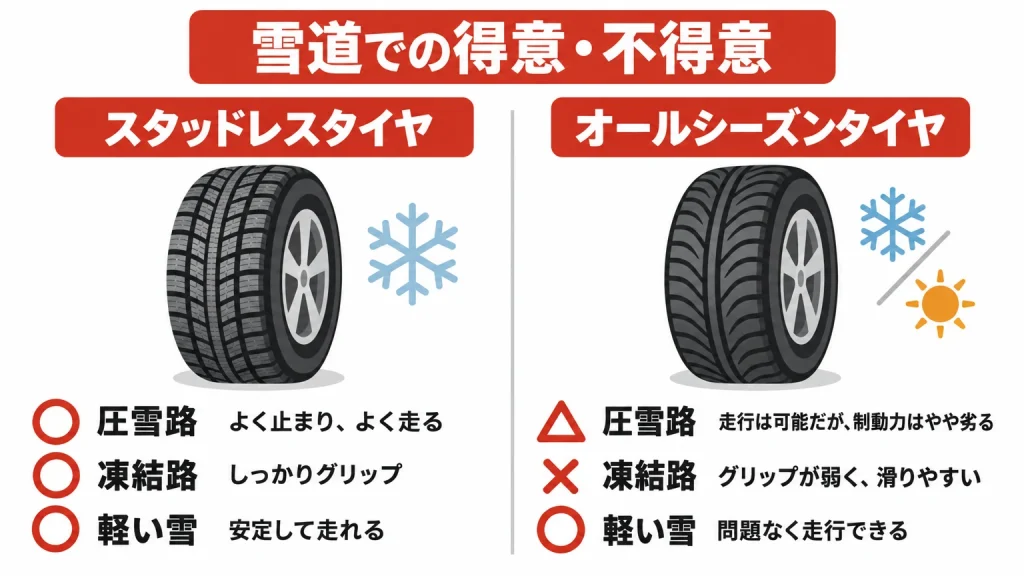 雪道でのオールシーズンタイヤとスタッドレスタイヤの得意・不得意を示す図解