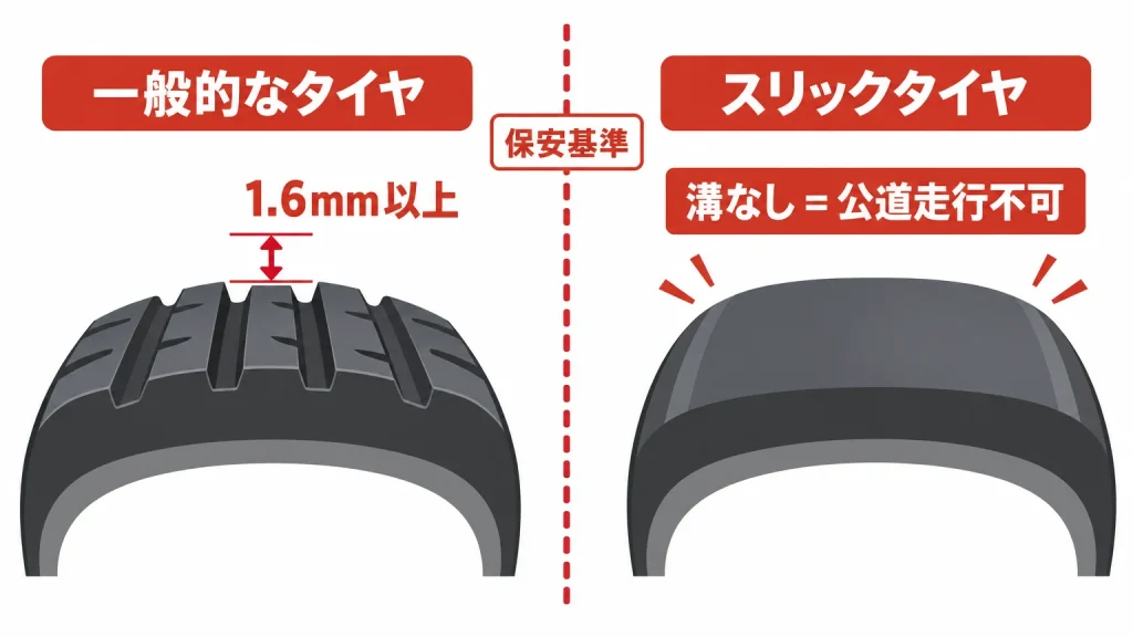 一般タイヤとスリックタイヤの断面を並べ、溝の有無と1.6mmの保安基準ラインを示した比較図解
